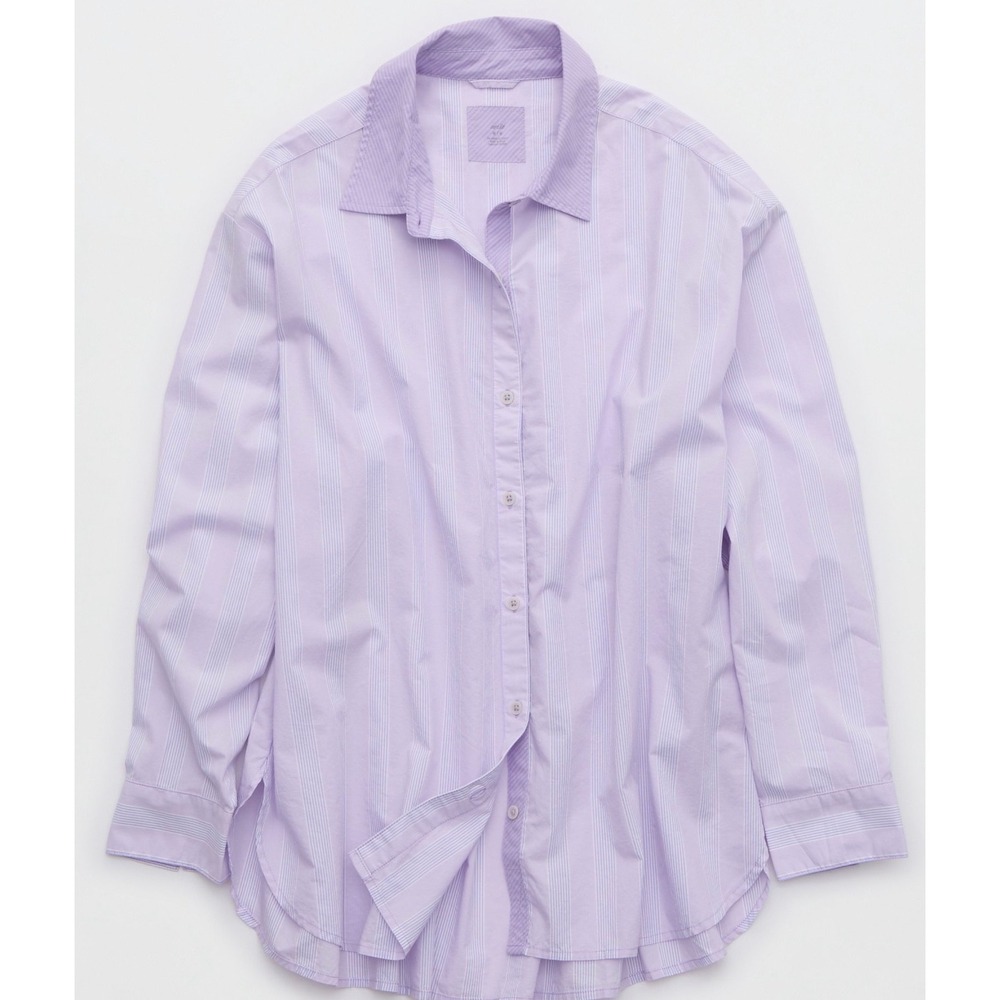 Aerie Good Day Button Down Shirt Lavender Purple Striped Oversized XXS Cotton - Picture 1 of 8